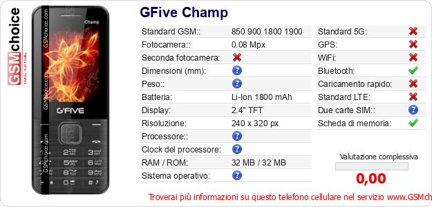 GFive Champ Dati tecnici di telefono cellulare 