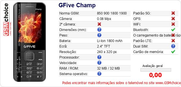 GFive Champ Especificações técnicas do telemóvel 
