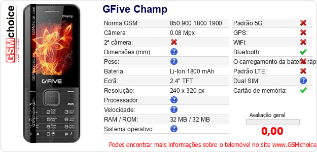 GFive Champ Especificações técnicas do telemóvel 
