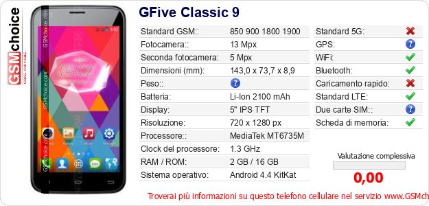 GFive Classic 9 Dati tecnici di telefono cellulare GFive Classic 9 Dati tecnici di telefono cellulare