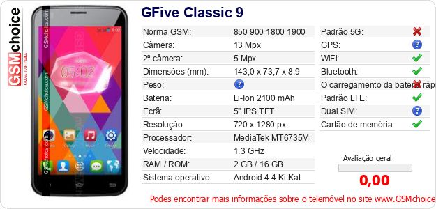 GFive Classic 9 Especificações técnicas do telemóvel GFive Classic 9 Especificações técnicas do telemóvel