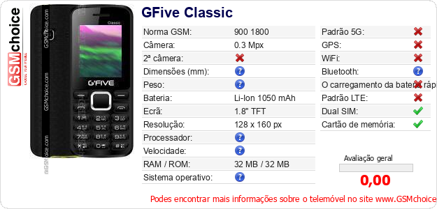 GFive Classic Especificações técnicas do telemóvel GFive Classic Especificações técnicas do telemóvel