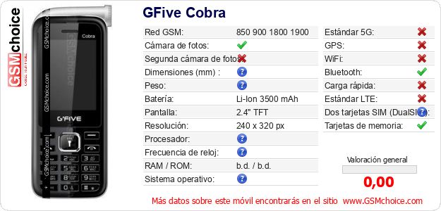 GFive Cobra Datos técnicos del móvil GFive Cobra Datos técnicos del móvil