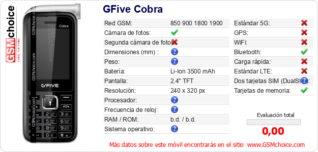 GFive Cobra Datos técnicos del móvil 