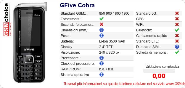 GFive Cobra Dati tecnici di telefono cellulare GFive Cobra Dati tecnici di telefono cellulare