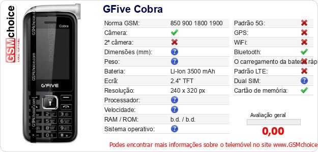 GFive Cobra Especificações técnicas do telemóvel GFive Cobra Especificações técnicas do telemóvel