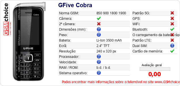 GFive Cobra Especificações técnicas do telemóvel GFive Cobra Especificações técnicas do telemóvel