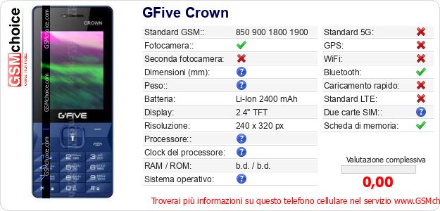 GFive Crown Dati tecnici di telefono cellulare 