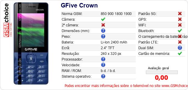 GFive Crown Especificações técnicas do telemóvel GFive Crown Especificações técnicas do telemóvel