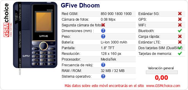 GFive Dhoom Datos técnicos del móvil GFive Dhoom Datos técnicos del móvil