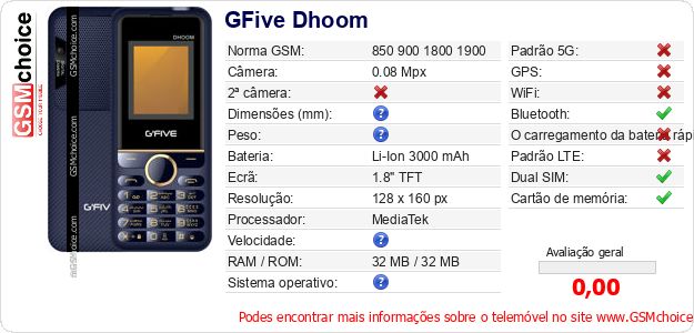 GFive Dhoom Especificações técnicas do telemóvel GFive Dhoom Especificações técnicas do telemóvel