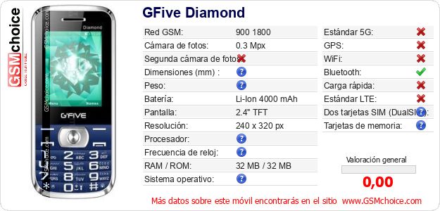 GFive Diamond Datos técnicos del móvil GFive Diamond Datos técnicos del móvil