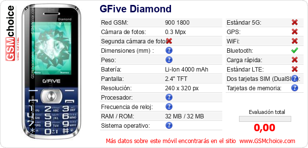 GFive Diamond Datos técnicos del móvil GFive Diamond Datos técnicos del móvil