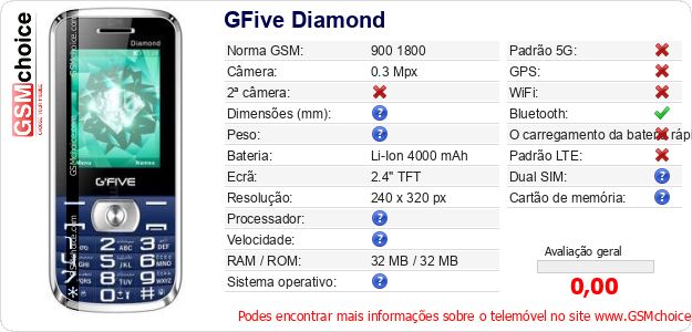 GFive Diamond Especificações técnicas do telemóvel GFive Diamond Especificações técnicas do telemóvel
