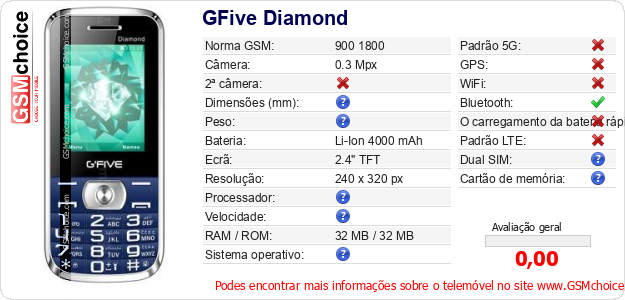 GFive Diamond Especificações técnicas do telemóvel 