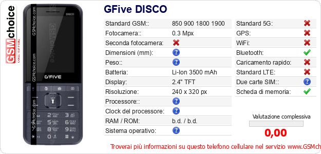 GFive DISCO Dati tecnici di telefono cellulare 