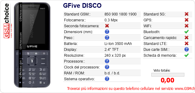 GFive DISCO Dati tecnici di telefono cellulare 