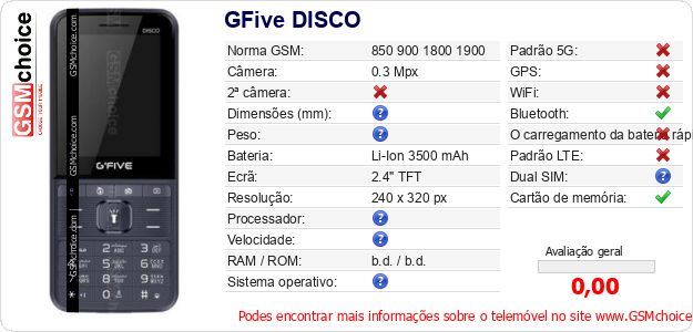 GFive DISCO Especificações técnicas do telemóvel 