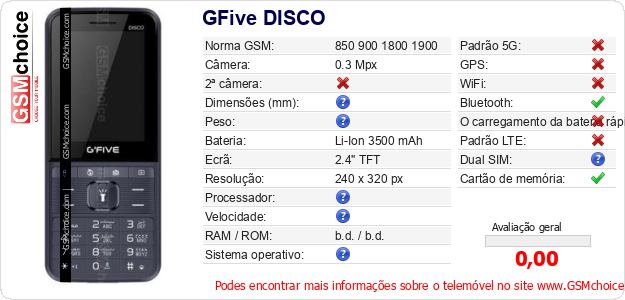 GFive DISCO Especificações técnicas do telemóvel GFive DISCO Especificações técnicas do telemóvel