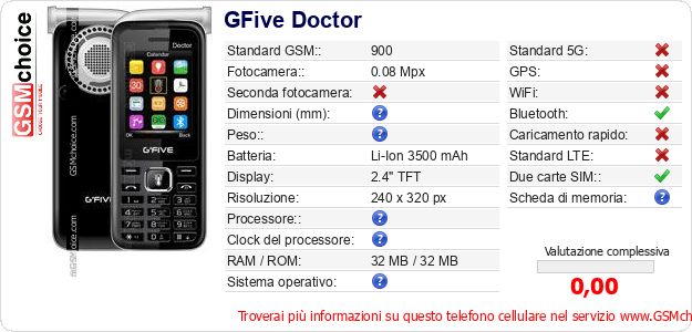 GFive Doctor Dati tecnici di telefono cellulare GFive Doctor Dati tecnici di telefono cellulare