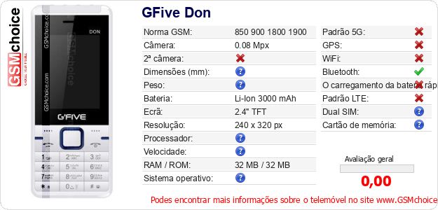 GFive Don Especificações técnicas do telemóvel GFive Don Especificações técnicas do telemóvel