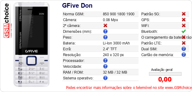 GFive Don Especificações técnicas do telemóvel GFive Don Especificações técnicas do telemóvel