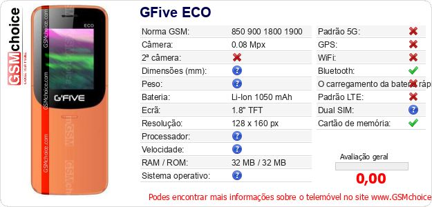 GFive ECO Especificações técnicas do telemóvel GFive ECO Especificações técnicas do telemóvel
