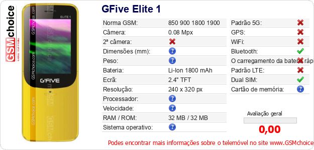 GFive Elite 1 Especificações técnicas do telemóvel 