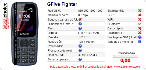 GFive Fighter Datos técnicos del móvil GFive Fighter Datos técnicos del móvil