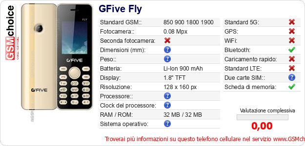 GFive Fly Dati tecnici di telefono cellulare 