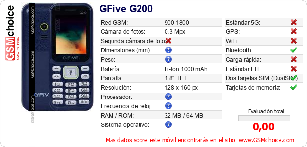 GFive G200 Datos técnicos del móvil 