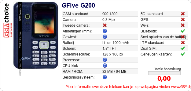 GFive G200 Technische gegevens 