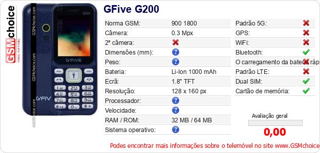 GFive G200 Especificações técnicas do telemóvel 