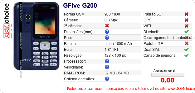 GFive G200 Especificações técnicas do telemóvel 