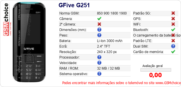 GFive G251 Especificações técnicas do telemóvel GFive G251 Especificações técnicas do telemóvel