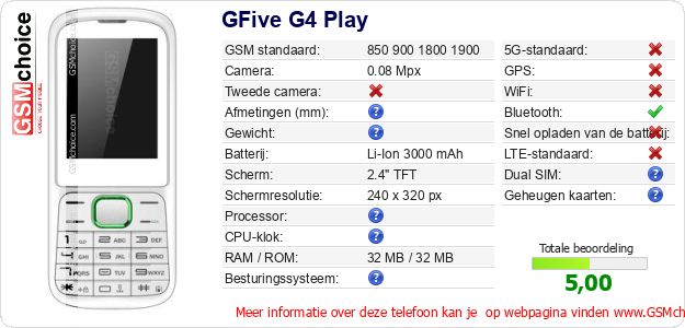 GFive G4 Play Technische gegevens 