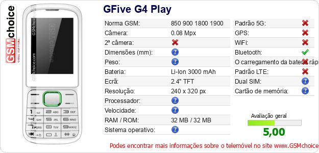 GFive G4 Play Especificações técnicas do telemóvel 
