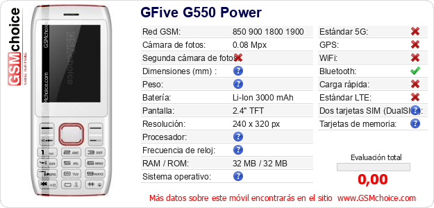 GFive G550 Power Datos técnicos del móvil 