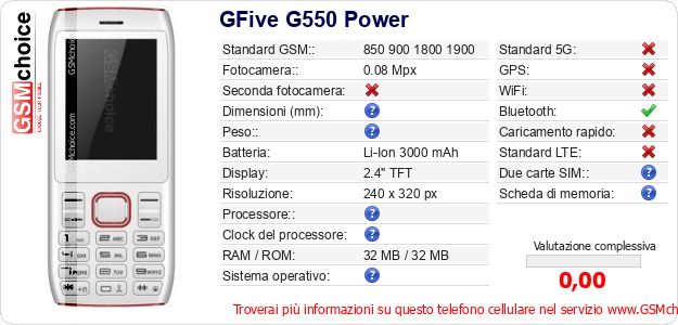 GFive G550 Power Dati tecnici di telefono cellulare GFive G550 Power Dati tecnici di telefono cellulare