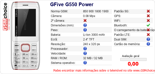 GFive G550 Power Especificações técnicas do telemóvel GFive G550 Power Especificações técnicas do telemóvel