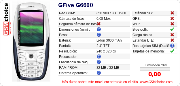 GFive G6600 Datos técnicos del móvil 