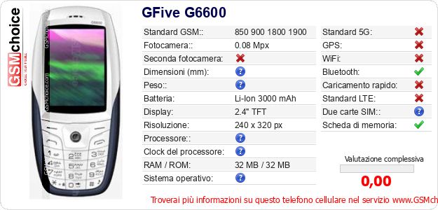 GFive G6600 Dati tecnici di telefono cellulare GFive G6600 Dati tecnici di telefono cellulare