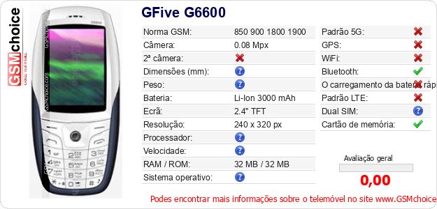 GFive G6600 Especificações técnicas do telemóvel GFive G6600 Especificações técnicas do telemóvel