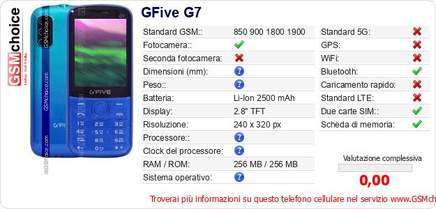 GFive G7 Dati tecnici di telefono cellulare 