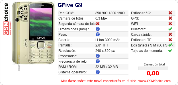 GFive G9 Datos técnicos del móvil GFive G9 Datos técnicos del móvil
