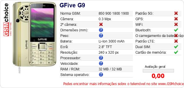 GFive G9 Especificações técnicas do telemóvel GFive G9 Especificações técnicas do telemóvel