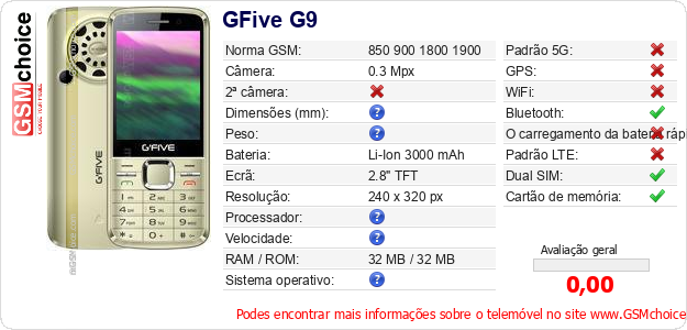 GFive G9 Especificações técnicas do telemóvel GFive G9 Especificações técnicas do telemóvel