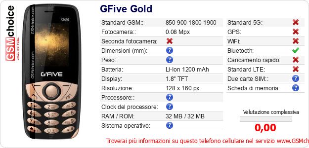 GFive Gold Dati tecnici di telefono cellulare GFive Gold Dati tecnici di telefono cellulare