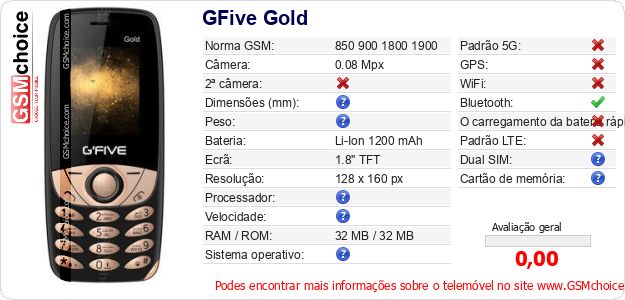 GFive Gold Especificações técnicas do telemóvel 