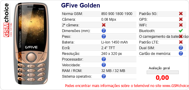 GFive Golden Especificações técnicas do telemóvel GFive Golden Especificações técnicas do telemóvel